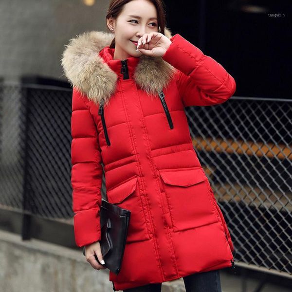 

new arrival women winter warm big fur collar coat fashion long sleeve hooded thicker slim medium length down jacket outcoat1, Black