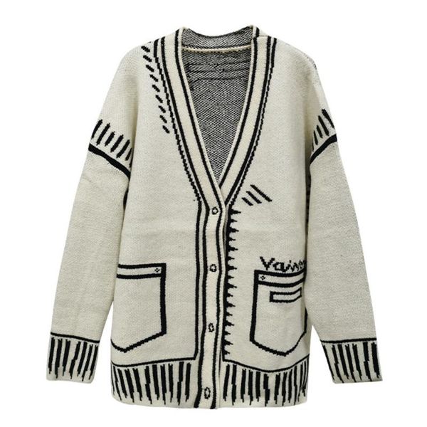 

women's knits & tees [ewq] fashion print women sweater fake pocket knitted coat v-neck plus size cardigans 2021 autumn winter thick, White
