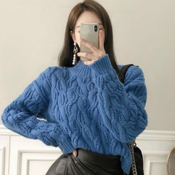 

women's sweaters 2021 winter crop stand neck solid loose brief sweater knitting cloth, White;black