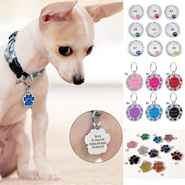 

engraved anti-lost pet tag personalized dog cat id tags round bone paw shape glitter dog collar tag