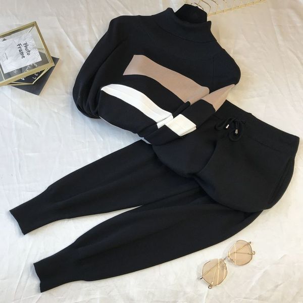 

2021 new autumn and winter geometric neck knitted + high waist casual pants fashion 2-piece women's suit 66j6, Gray