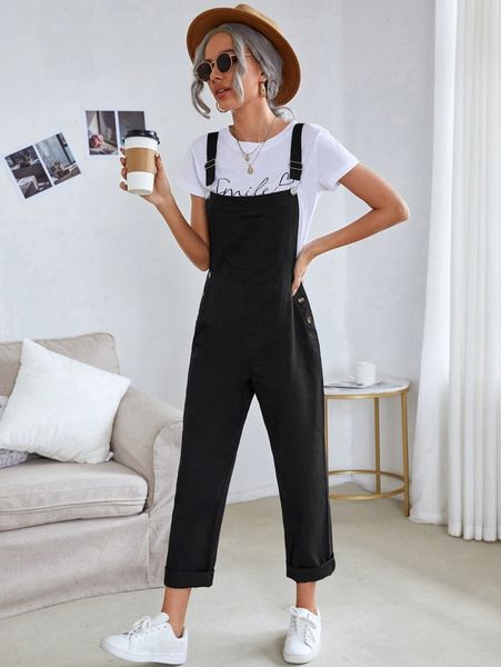 

pocket front button side overall jumpsuit l4lf#, White