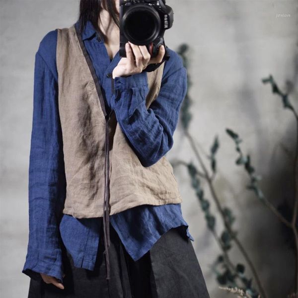 

women spring summer linen v neck vests sleeveless female 2020 simple retro flax vests retro ladies vest1, Black;white