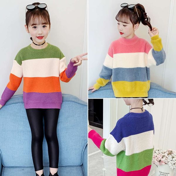 

clothing autumn children's winter 2020 girls' fashion round neck long sve elastic thickened contrast casual sweater, Blue