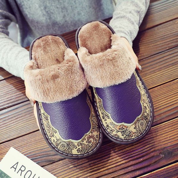 

women genuine leather winter slippers fashion warm cowhide natural slippers men home shoes plus size indoor house shoes, Black