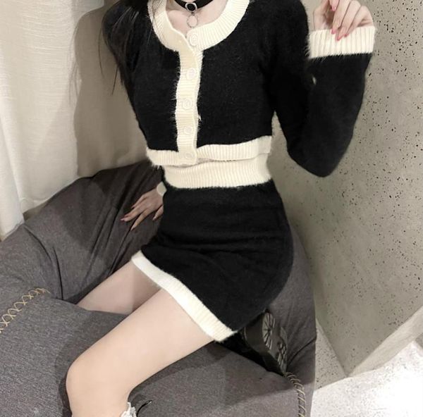 

knit crop button stitching color vintage fall two-piece korean fashion shirt aristocratic temperament sweater female suits, Gray