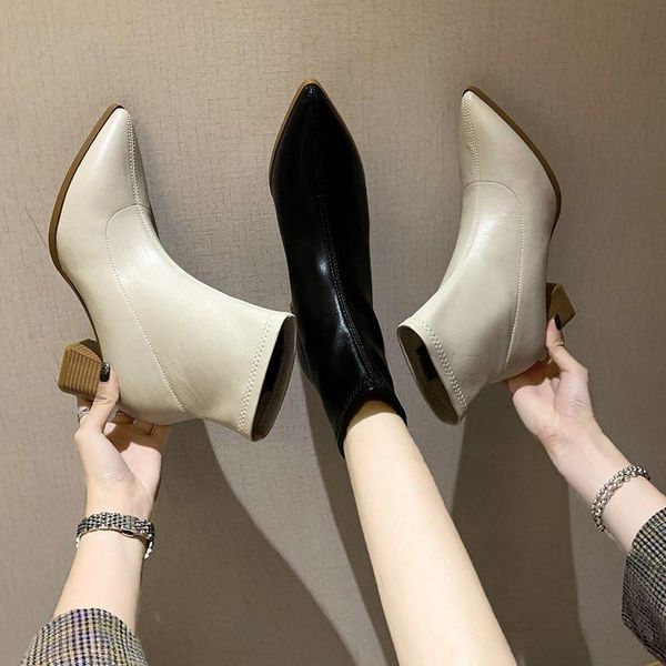 

cootelili women ankle boots 6.5cm heel pointed toe slip on fashion black beige basic shoes for woman botas mujer size 35-39