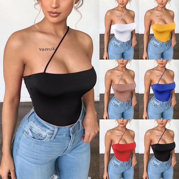 

ladies crop women's summer one shoulder backless solid tank shirt slim fit plus size 5xl vest, White