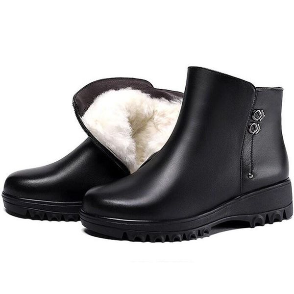 

boots 2021 winter shoes full wool genuine leather women warm fashion wedge comfort snow, Black