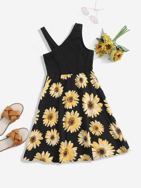 

toddler girls 1pc floral print asymmetric neck dress she, Red;yellow