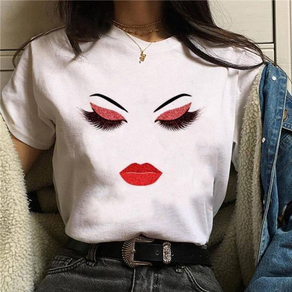 

90s makeup art eyelash printing fashion t shirt ladies beautiful kawaii t shirt street clothing summer clothes women, White