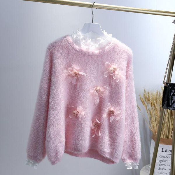 

women's sweaters women 2021 autumn winter 3d flower knitted sweater female loose casual long-sleeve knitwear pullover jumpers e139, White;black