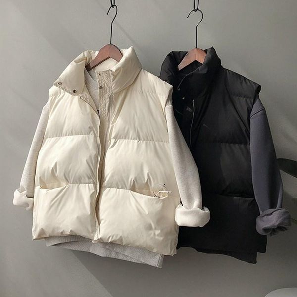 

women's vests 2021 women vest coat stand collar winter pure color warm loose style chaleco mujer gilet casaco feminino, Black;white