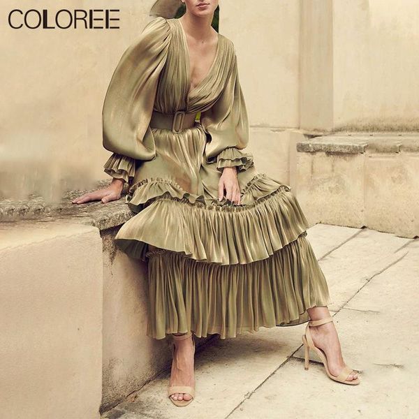 

autumn vintage v-neck puff sleeve ruffles pleated long dresses for women autumn runway designer elegant draped maxi dress female, Black;gray