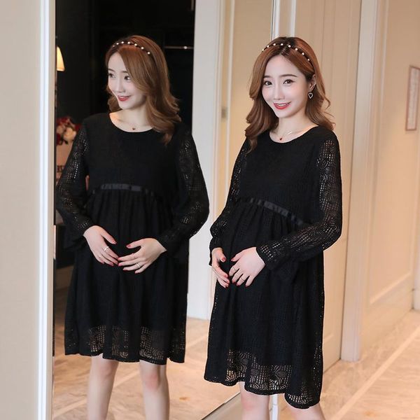 

maternity dresses long sleeve hollow out lace pregnant women dress high waist flare sweet pregnancy work black white