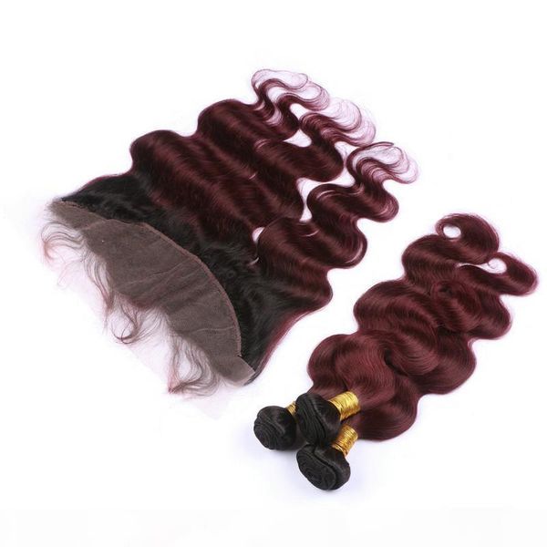 

1b 99j burgundy ombre peruvian human hair with lace frontal closure body wave wine red ombre 3bundles with 13x4 full lace frontal, Black;brown
