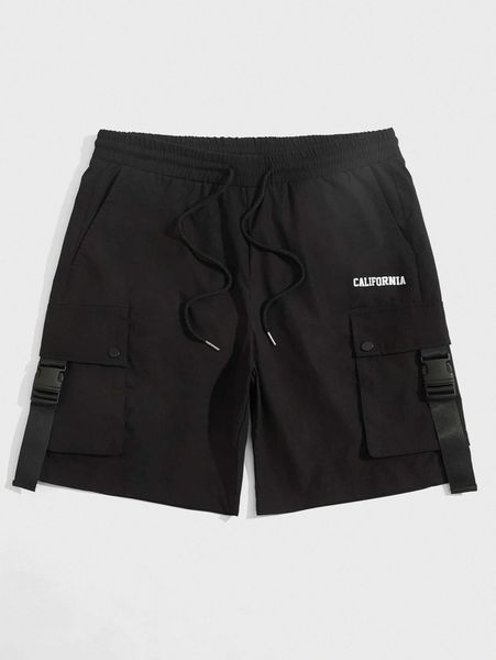 

men letter graphic push buckle flap pocket shorts j7nu#, Black