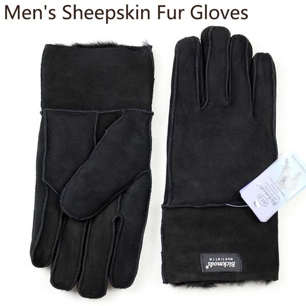 

winter warm sheepskin fur gloves men' thick windproof cold leather outdoor cycling sheep leather wool stitching style y200110, Blue;gray