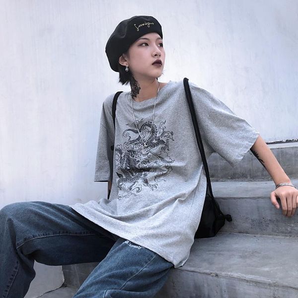 

short-sleeved t-shirt cotton dragon casual print loose hip hop bf dropshipping streetwear shirt vintage gothic mesh harajuku, White