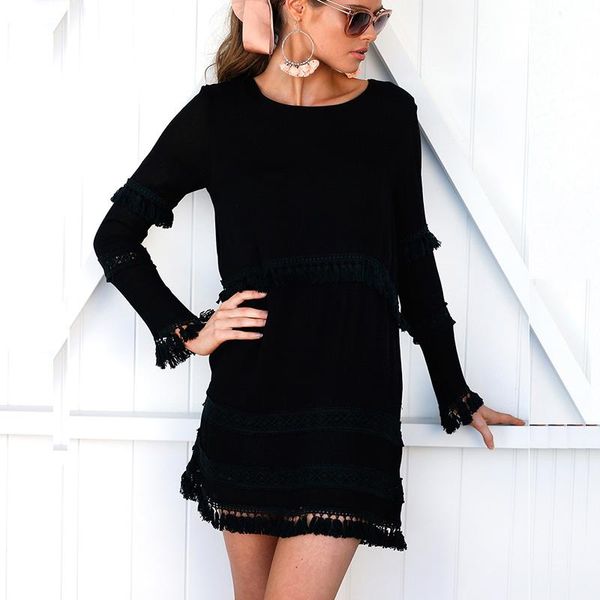 

elegant tassel mini party dress women o neck long sleeve autunm winter 2021 casual black dresses retro vestidos, Black;gray