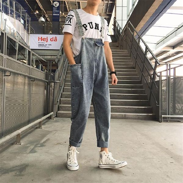 

korean fashion street style multi-pocket jeans handsome boy ankle length denim overalls casual wild couple jumpsuits1, Blue