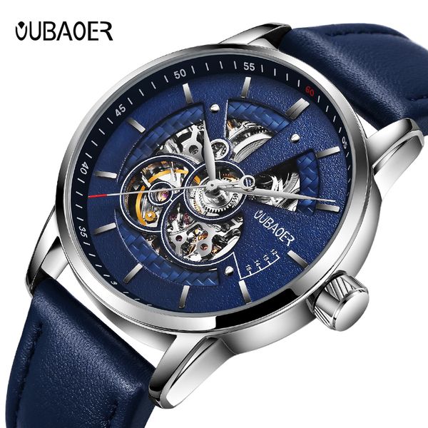 

oubaoer luxury automatic mechanical watch leather business watches original men watch brand clock men relojes masculino 201208, Slivery;brown