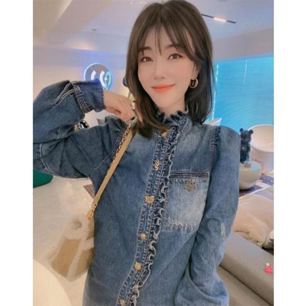 

2020 winter new personalized old ear edge denim women's korean version loose and versatile stand collar long sleeve shirt, White