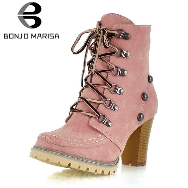 

bonjomarisa ladies fashion concise metal decorating sewing platform ankle boots women high heels shoes woman, Black