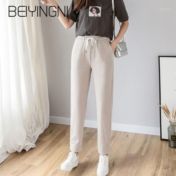 

beiyingni high waist pants woman button elastic black casual trousers kpop pocket harem pants street chic fashion pantalon femme1, Black;white