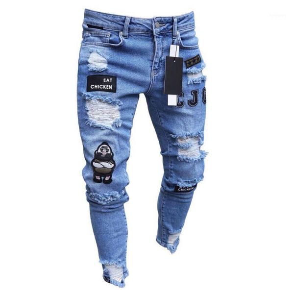 

3 styles men stretchy ripped skinny biker embroidery print jeans destroyed hole taped slim fit denim scratched distressed jeans1, Blue