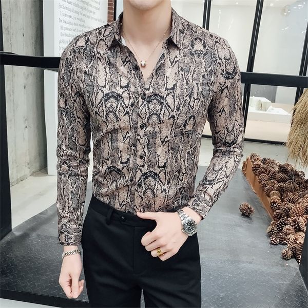 

snake spring 2020 grain printing man self-cultivation long sleeve leisure time formal shirts for men camisa slim fit masculina c1212, White;black