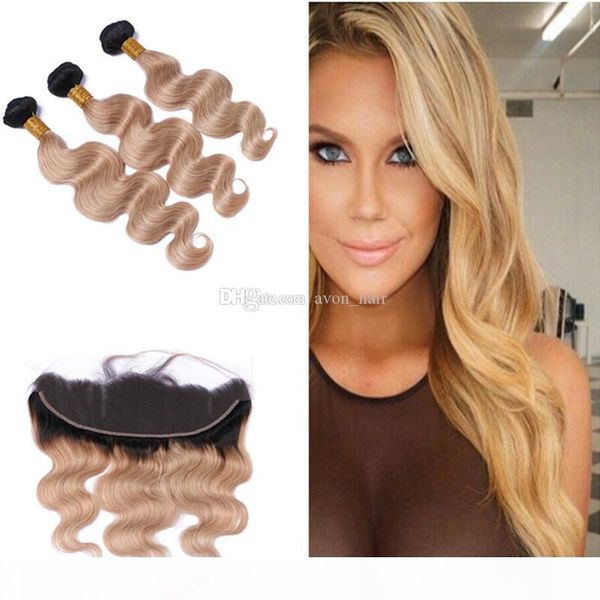 

honey blonde 1b 27 body wave with lace frontal 13x4 dark root ombre body wave human hair weft with lace frontal 4pcs lot, Black;brown