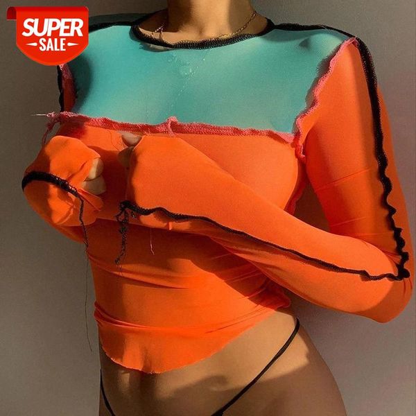 

mesh see through women long sleeve patchwork asymmetrical cut out street style bodycon t shirts #ty95, White
