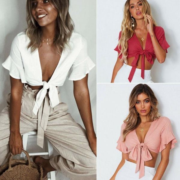 

women bowknot bow tie front crop short sleeve beach vest wrapped base cami drop shipping, White