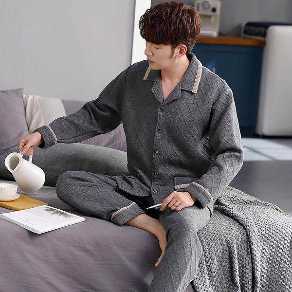 

mimi long sleeve pajamas men cotton quilted cotton thickening leisurewear qiu dong with air interlayer big yards, Black;brown