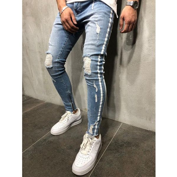 

men's jeans fashion men hip hop quality hole slim skinny streetwear stretch ripped male trousers, Blue