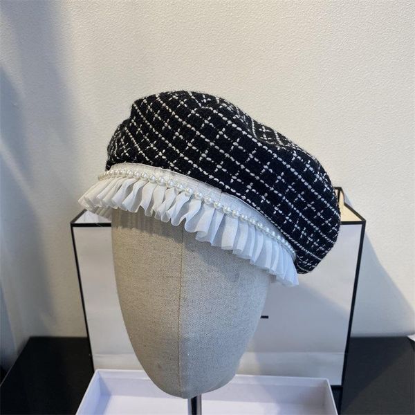 

berets winter hat knitted wool beret bonnet female french warm pearl caps for women beading ski boina painter gorras, Blue;gray