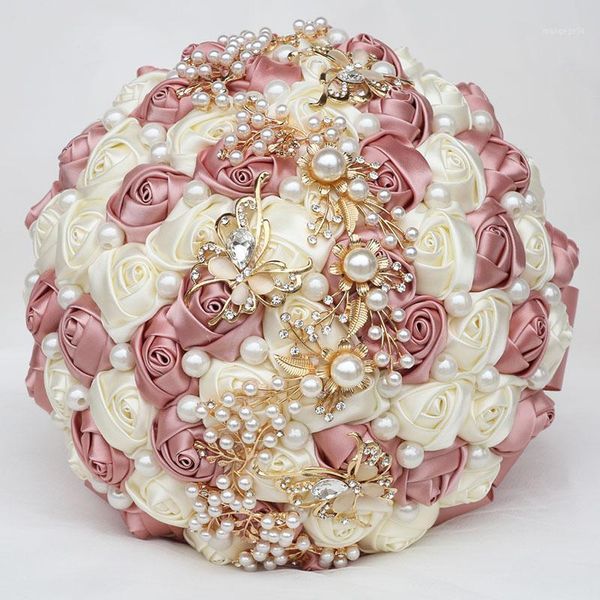 

7colors pearls bridal wedding rose bouquets elegant bouquet bridesmaid hand holding fake flowers gold diamonds party gift w322g1