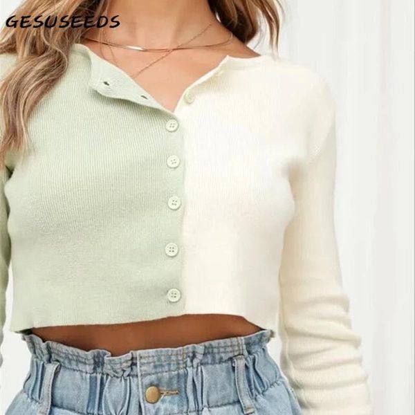 

casual sweater women long sleeve cropped cardigan vintage patchwork sweater korean o neck slim green white cardigan fall