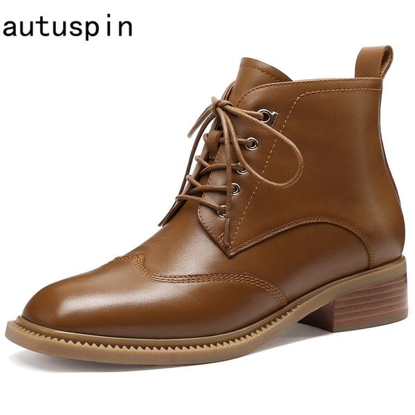 

autuspin classics winter warm ankle boots fashion women genuine leather lace up motorcycle boots neutral round toe basic shoes, Black