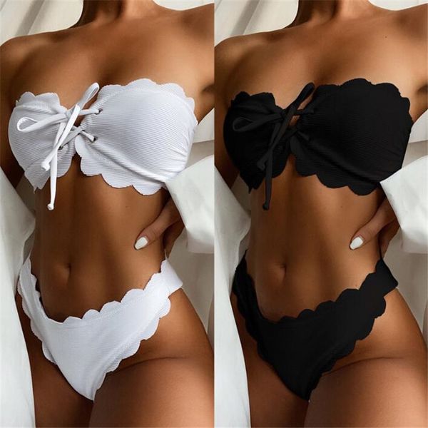 

2021 new high waist strapless bikini women swimwear women's swimsuit padded bathing suit lace-up pure color bikinis, White;black