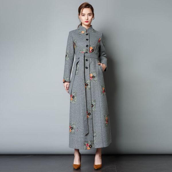 

2021 new long woman's wool plus size autumn female turtleneck mandarin floral embroidery coats kj101 yh33, Black;brown