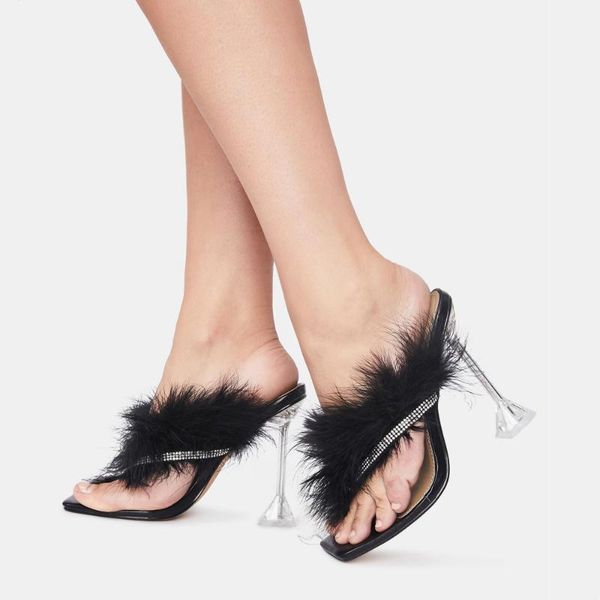

new pattern summer woman pumps feather decoration tapered high heel outside shoes casual comfortable stylish quality sandals, Black