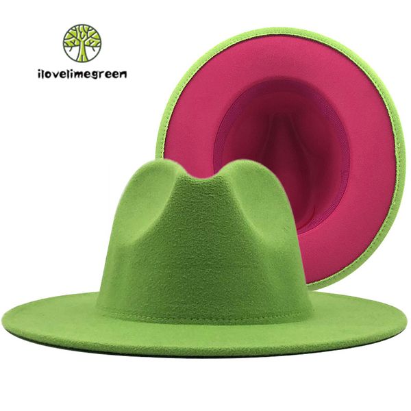 

2020 selling patchwork jazz panama woolen felt fedora hat lime green red black wide brim winter hat for women men c0123, Blue;gray