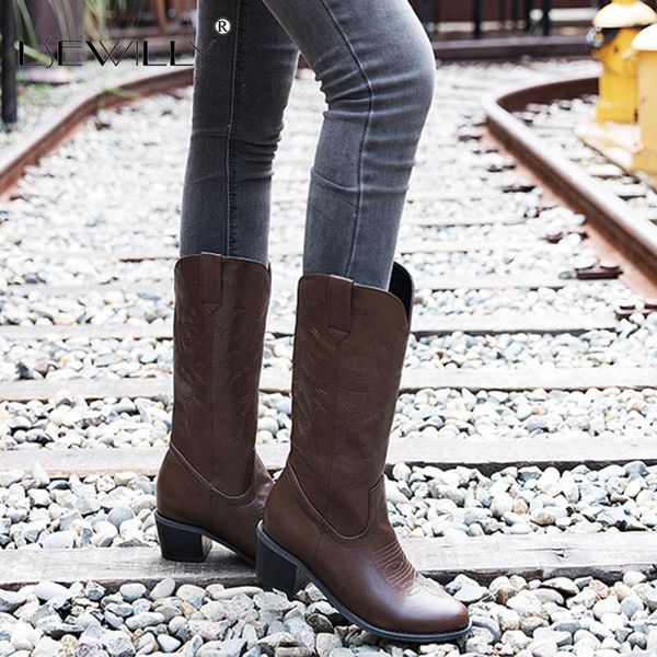 

boots lsewilly fashion women's floral embroidered western cowgirl shoes knee high riding vintage, Black