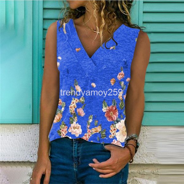 

women's t-shirt summer trend women's fashion national style printed v-neck sleeveless vest t-shirt, White