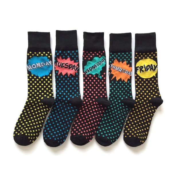 

men's socks 5 pairs week men cotton spotted letters colorful women monday tuesday wednesday thursday friday, Black