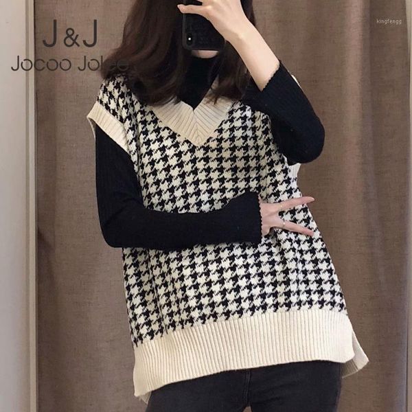 

women 2020 fashion oversized houndstooth knitted vest sweater vintage sleeveless side vents female waistcoat chic all match1, Black;white