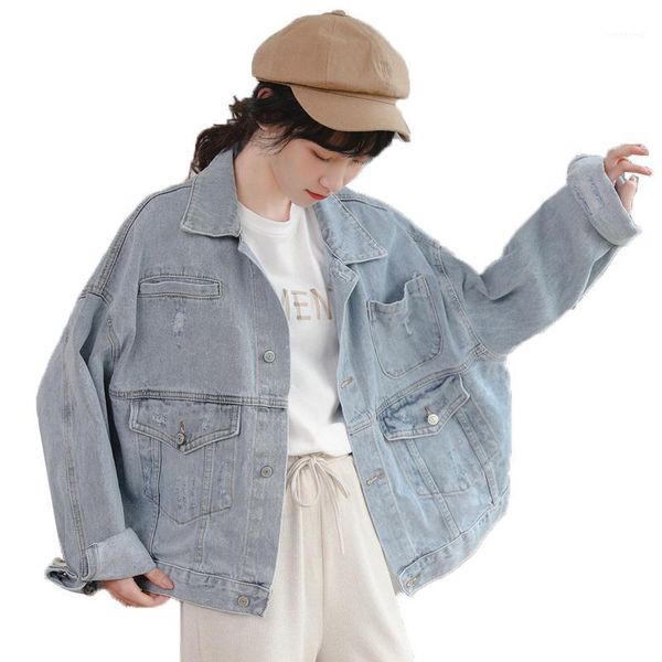 

women's denim jacket retro hole casual spring autumn jeans coat short single breasted light blue outerwear tooling feminina1, Black;brown