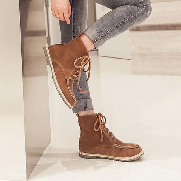 

2020 new flat heel boots low heel lace up boots women casual shoes warm lady' single booties zapato casual de mujer invierno1, Black